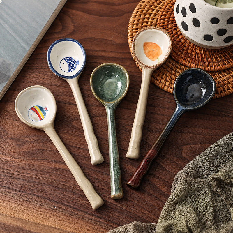 Japanese-style stoneware creative coffee spoon dessert spoon - cute, high-value, long-handled spoon for restaurants and home use - perfect for serving soup and eating