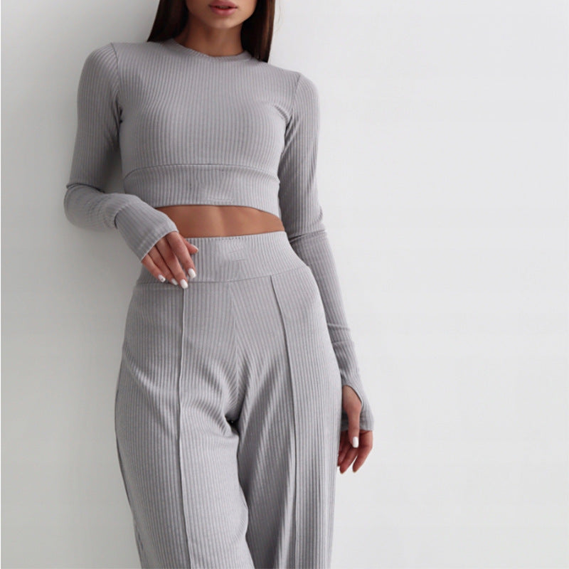 European and american cross-border women's fashion:  autumn new collection - stylish and elegant ribbed long-sleeve cropped top and wide-leg pants two-piece set