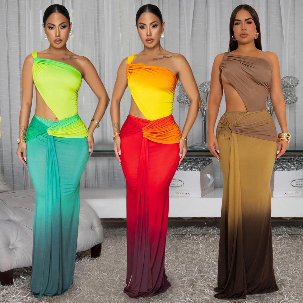 C7473 cross-border   fashion women's summer sexy one-shoulder gradient dress