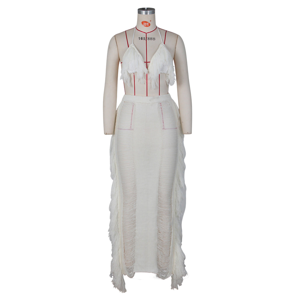Source factory  summer new european and american style women's sexy tassel knit beach dress set -  hot seller