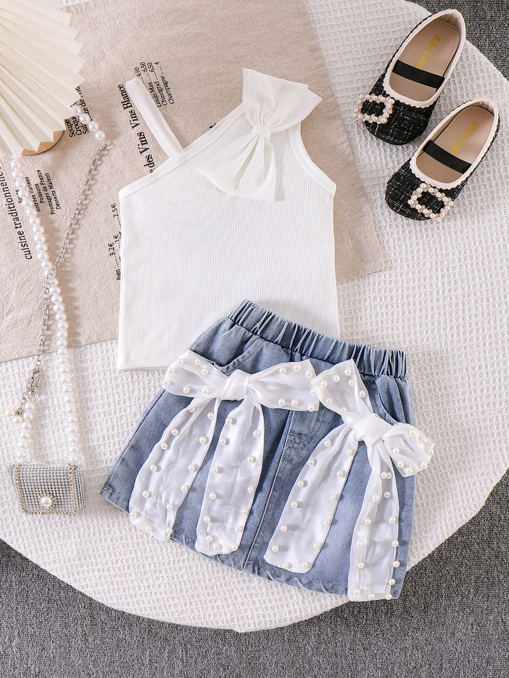 Kids clothing cross-border exclusive for european and american girls new arrival kids white vest + blue shorts baby