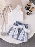 Kids clothing cross-border exclusive for european and american girls new arrival kids white vest + blue shorts baby