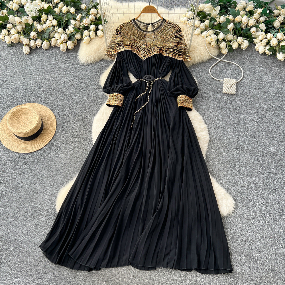 French-style heavy embroidery beaded sequin mesh patchwork lantern sleeve tie-waist pleated maxi dress - women's high-end long dress