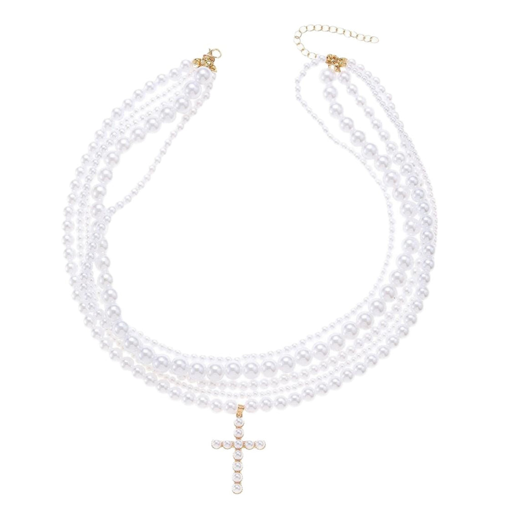 Stacked necklaces wholesale european and american cross-border retro imitation pearl light luxury sweet cool pendant women's pearl cross necklace