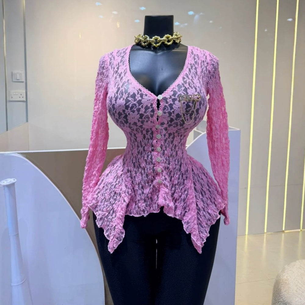European and american cross-border women's fashion:  autumn new arrivals - sexy and elegant hollow-out lace irregular long-sleeve shirt/t-shirt for women