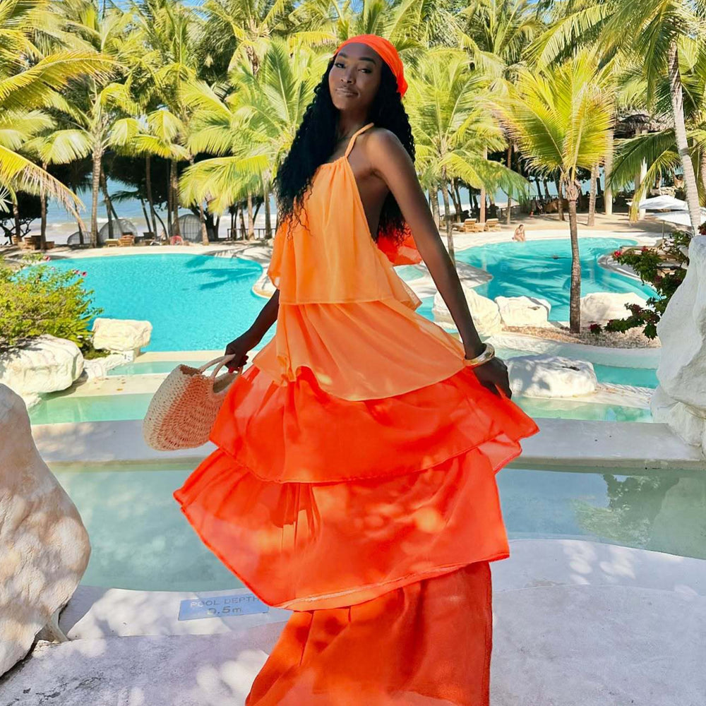 European and american cross-border women's clothing:  summer new sweet & chic vacation style halter neck ruffle trim maxi slip dress