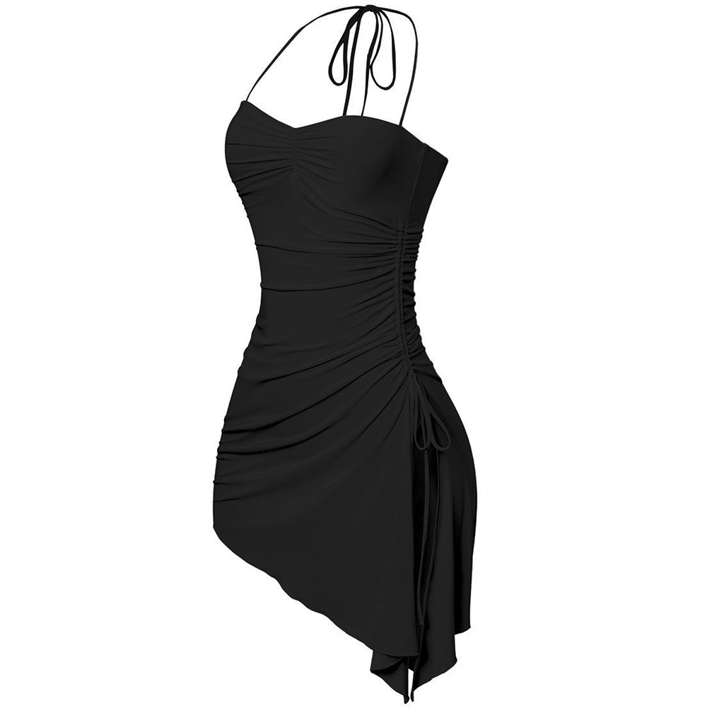 V neck sleeveless design dresshigh waist pleated pulloverpure colorshort hip skirt for women petitesclassy sense