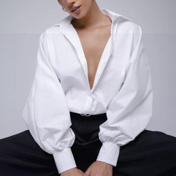 2025 spring retro elegant bubble sleeve v-neck top shirt  European and American commuting sexy casual shirt women