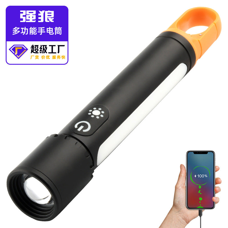 Cross-border new LED white concentrating flashlight Type-C charging can output aluminum-plastic telescopic zoom remote flashlight