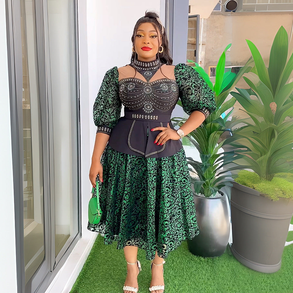 Fashion cross-border export women's clothing plus size african  hot diamond bubble beads waist slimming looklacepatchworkdress