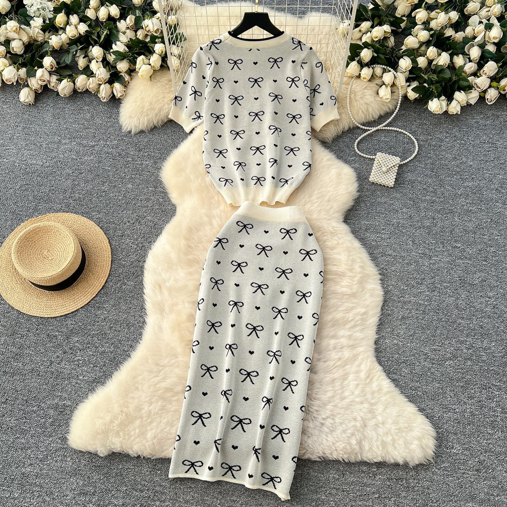 Knitted set for women, summer : premium round neck short sleeve top with bow print & high-waisted bodycon midi skirt