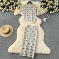 Knitted set for women, summer : premium round neck short sleeve top with bow print & high-waisted bodycon midi skirt