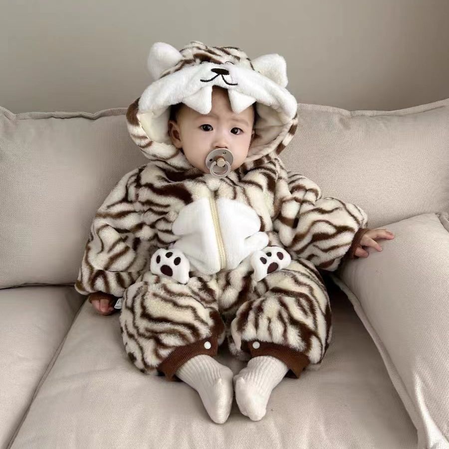 Infant and toddler onesies, winter thickened, unisex baby tiger print cartoon romper, perfect for outings and tummy time, trendy baby clothes
