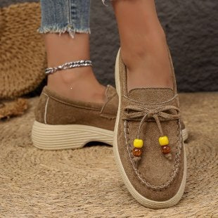 Fashionexport suede platform bottomcasuallow ankle beaded flats women's spring new arrival lightweight pure color cloth loafers