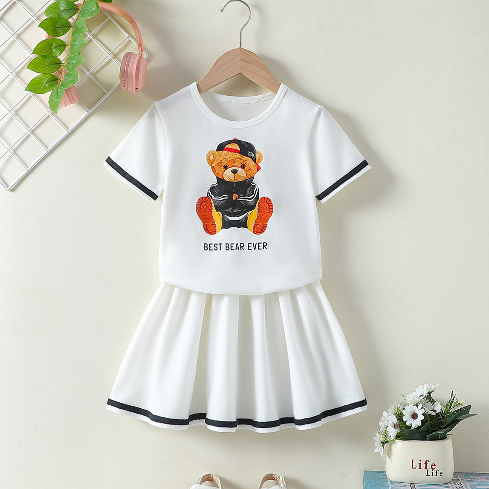 girls' two-piece look dress - bear print white short sleeve with pleated skirt - summer casual kids' dress