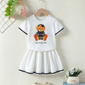 girls' two-piece look dress - bear print white short sleeve with pleated skirt - summer casual kids' dress