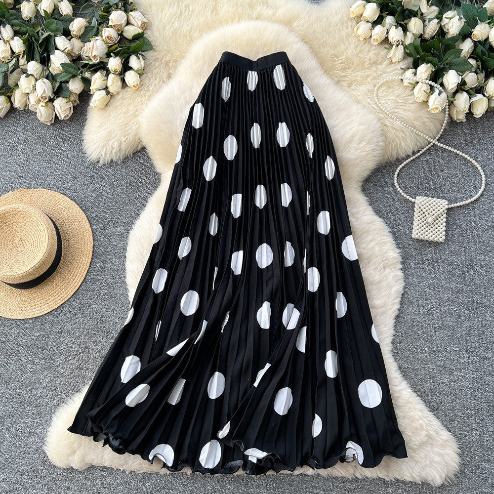 Classic fashion pleated polka dot midi skirt - french sweet style, versatile high-waisted a-line skirt