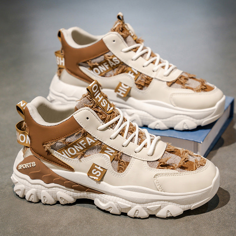 Men's spring outdoor wear-resistant chunky sole high-top sneakers - youth casual versatile high-style trendy dad shoes