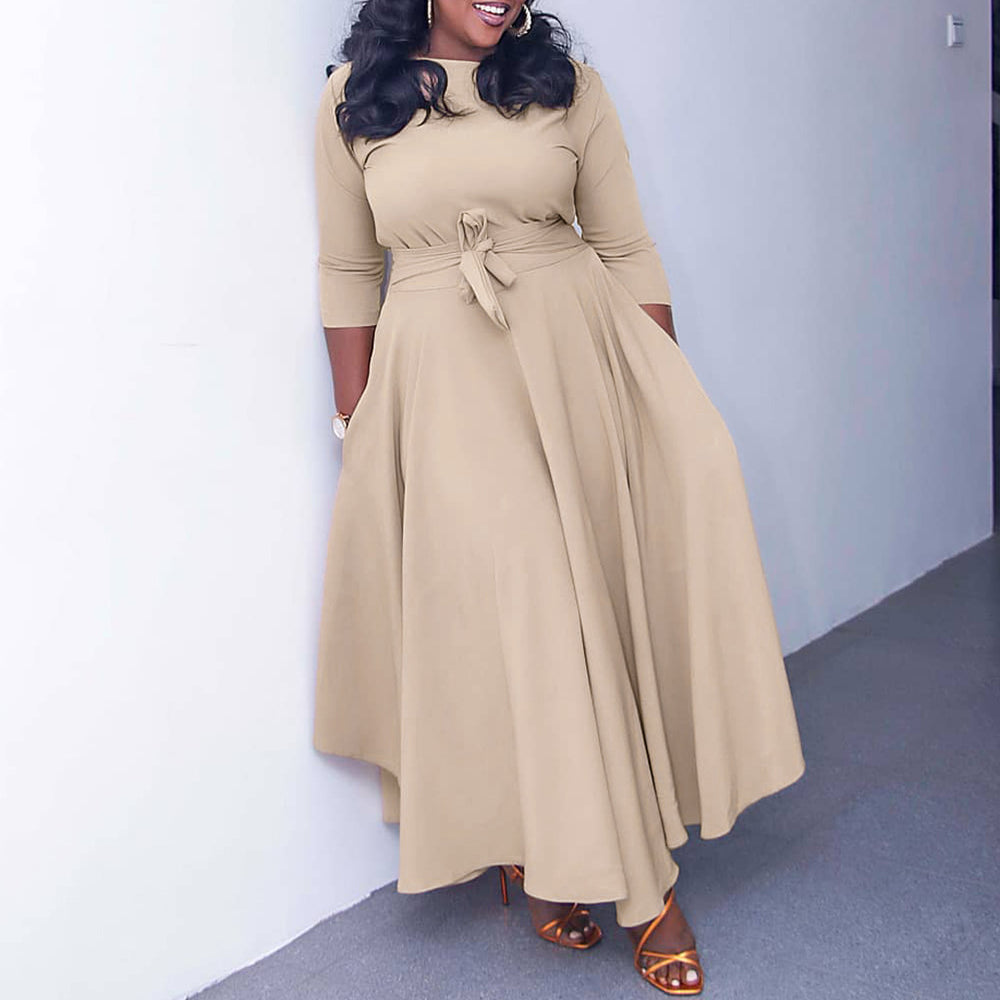 Q099 cross-border women's fashion:  autumn/winter new collection - elegant tie-waist african-style plus size midi dress for export