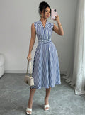 new european and american cross-border  hot-selling striped waist-defining maxi dress - elegant, slimming, sleeveless a-line skirt