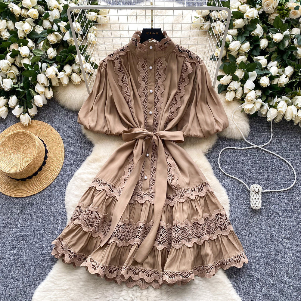 French retro court style chic lace patchwork tie-waist dress - lantern sleeves, slimming a-line skirt