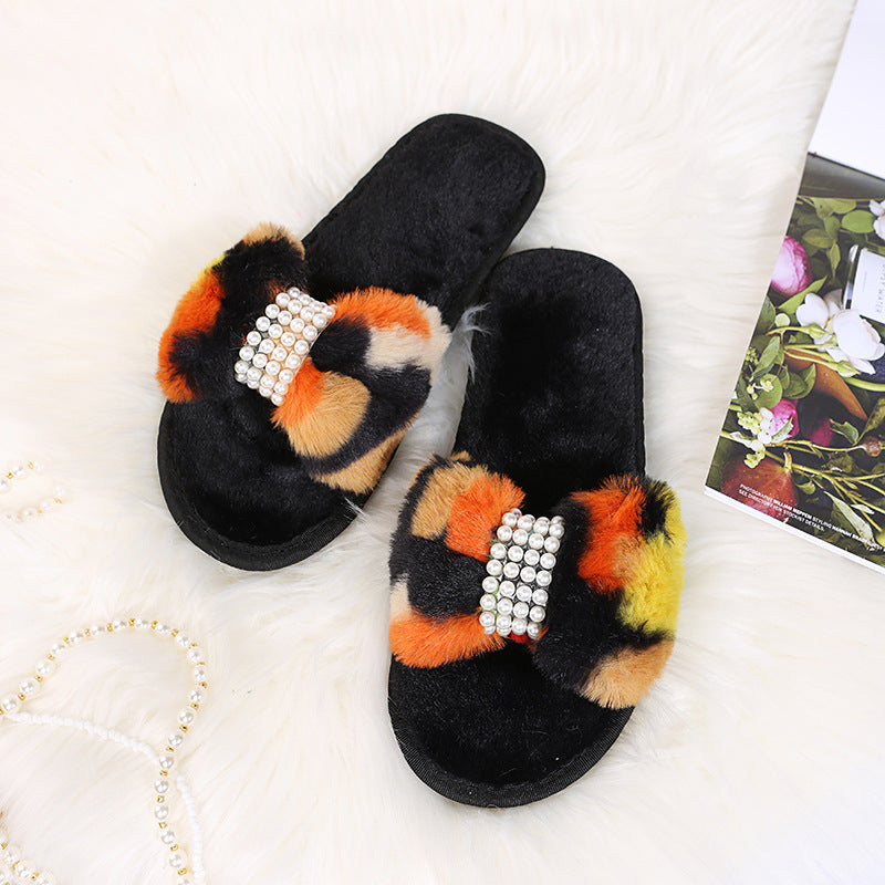 Popular women's slippers 2024fall and winternew arrivalfairy style pearl cow one-line home plaidflats suede fur slippers