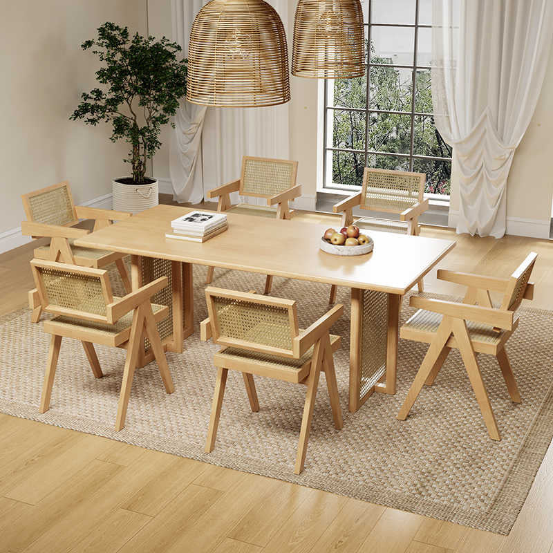 Japanese solid wood dining table for home small apartment wabi-sabi style rattan dining chair table rectangular scandinavian dining table and chair combination