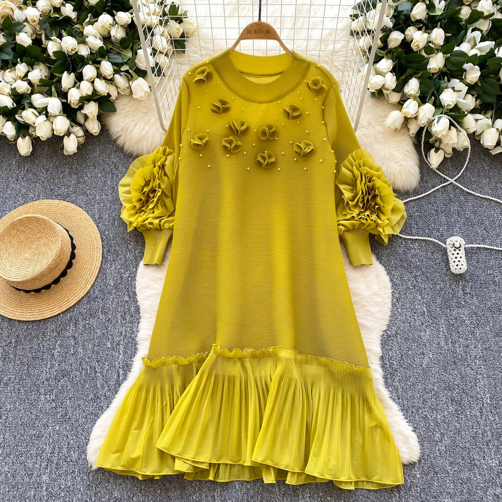 Miya pleated socialite style high-end dress - women's spring pleated 3d floral loose design elegant maxi dress