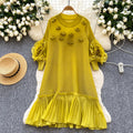 Miya pleated socialite style high-end dress - women's spring pleated 3d floral loose design elegant maxi dress