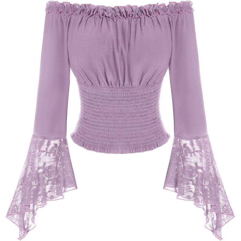 Amazon fashionlace off-shoulder long sleevesshirt women's  spring new arrival one-line collar rufflestops