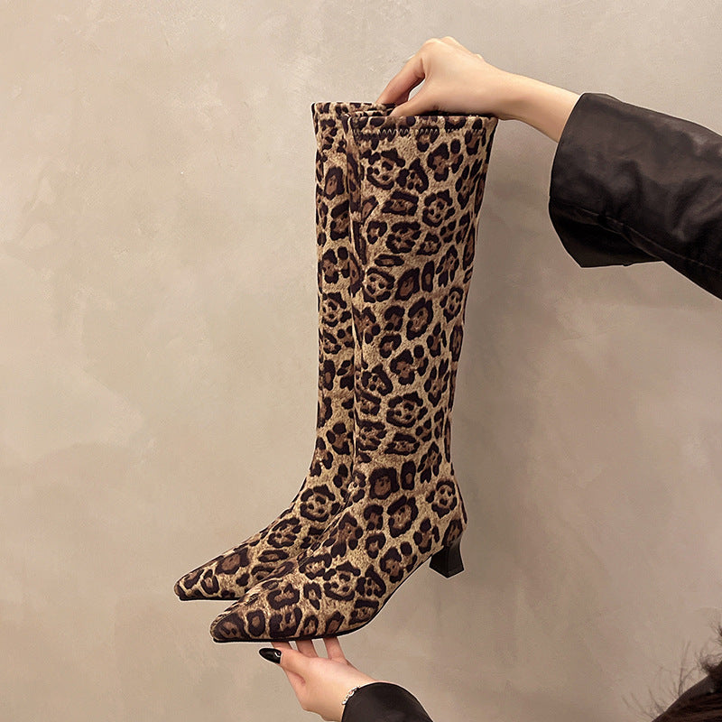High-heeled women's boots, pointed toe, leopard print, over-the-knee boots, slimming look, elastic boots, fashioneasiest for match long boots, cross-border