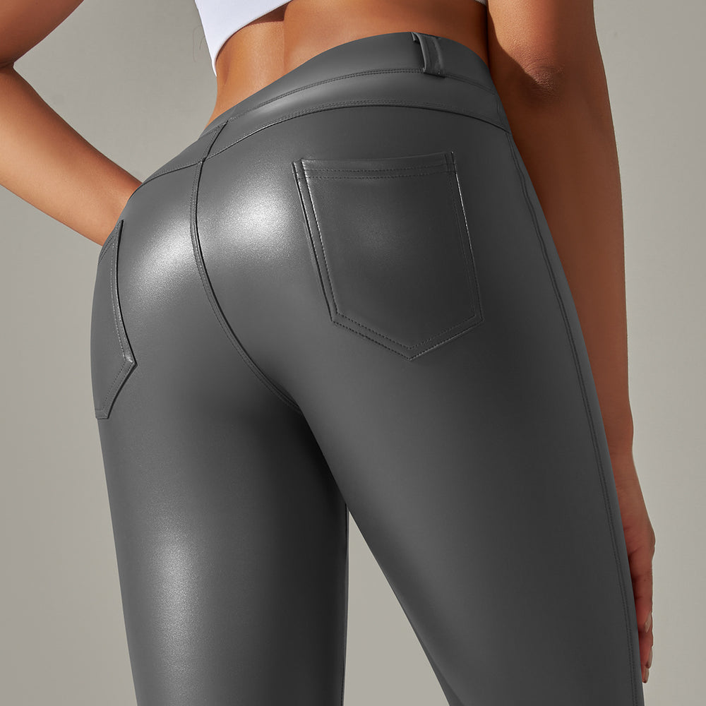 Clearance european and american sexy pu leather pants plus size tummy control leggings sports with pockets skinny pants brushed style bottom pants