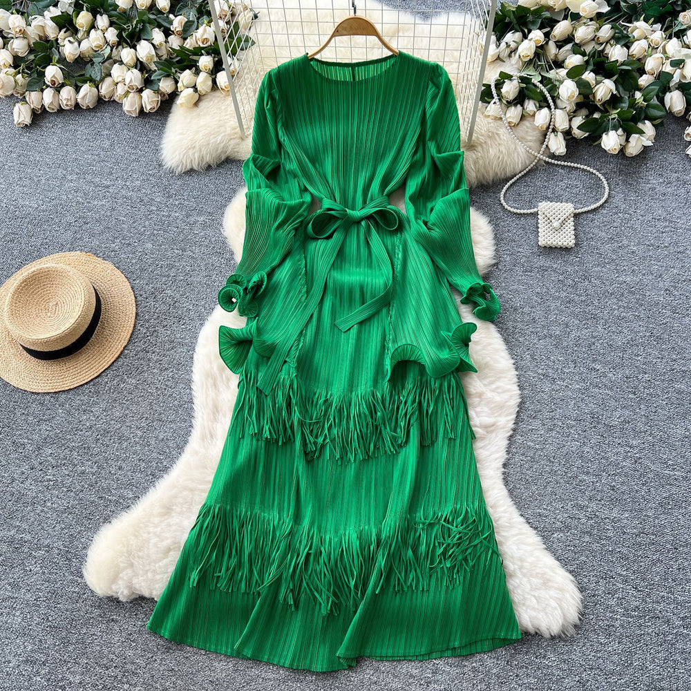 Miura pleated dress women's  autumn tie-waist ruffle trim patchwork tassel pleated elegant maxi dress