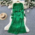 Miura pleated dress women's  autumn tie-waist ruffle trim patchwork tassel pleated elegant maxi dress