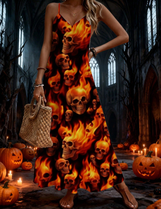 halloween pattern printing longdressv neckloose vacation suspender skirt