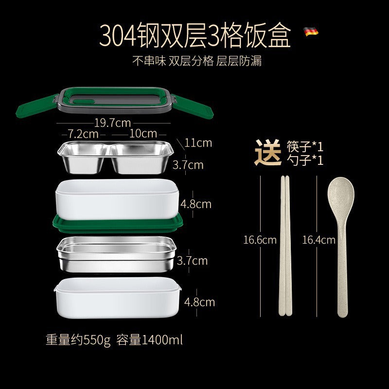 304 stainless steel thermal insulation lunch box portable lunch box for office workers can be heated in microwave oven double-layer student bento box