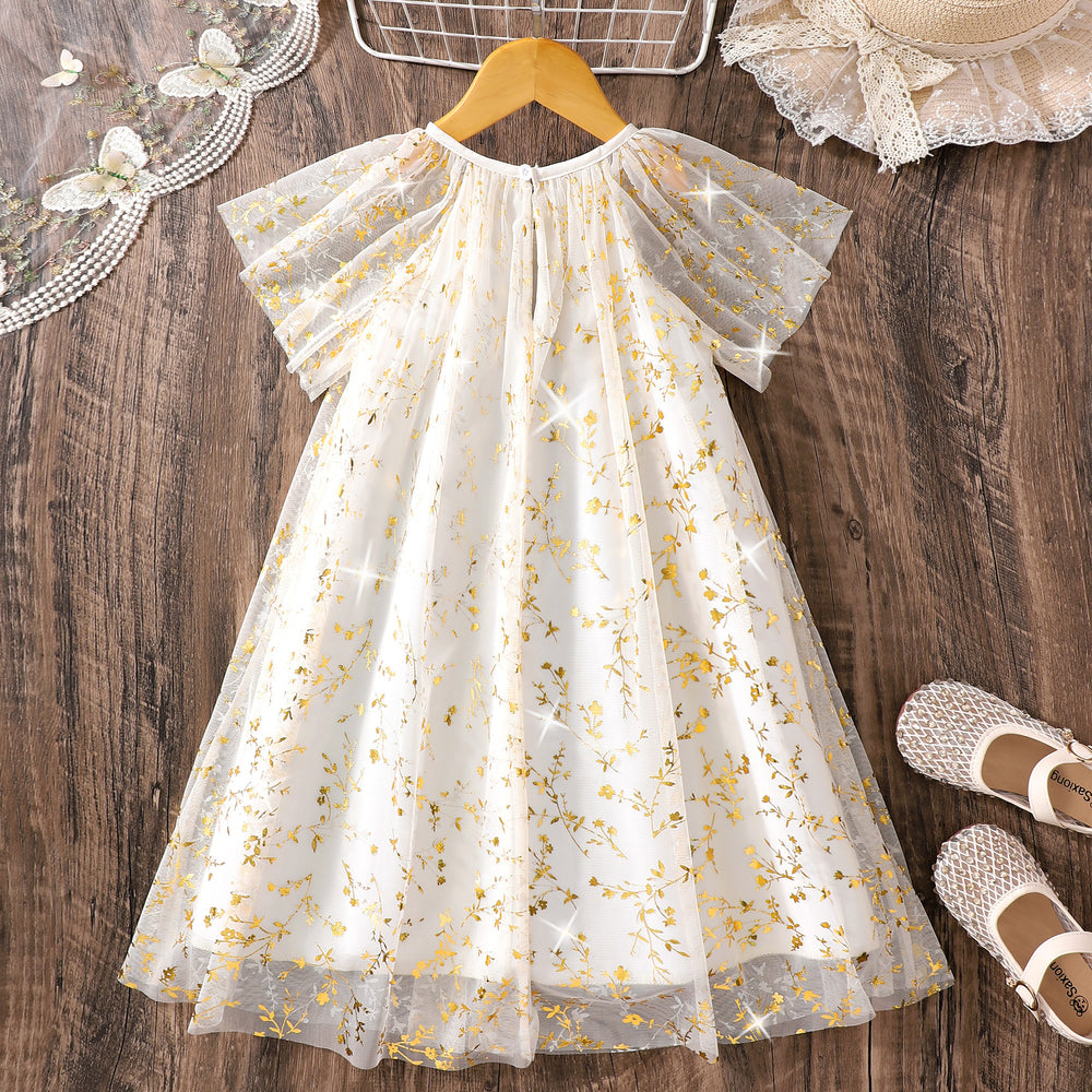 Girls' dress for toddlers and young children, leaf print mesh dress