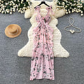 French riviera style pink floral print cami dress - women's summer bow detail, figure-flattering, slimming, elegant maxi dress