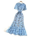 Light mature style work clothinglacecut outdress women's summer short-sleeved high waistsexya-line skirt blueelegant long skirt