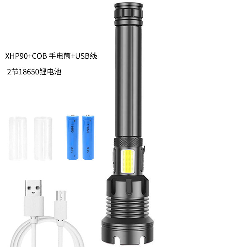 Cross-border new XHP90 + COB strong light flashlight USB charging outdoor zoom side light P160 LED flashlight