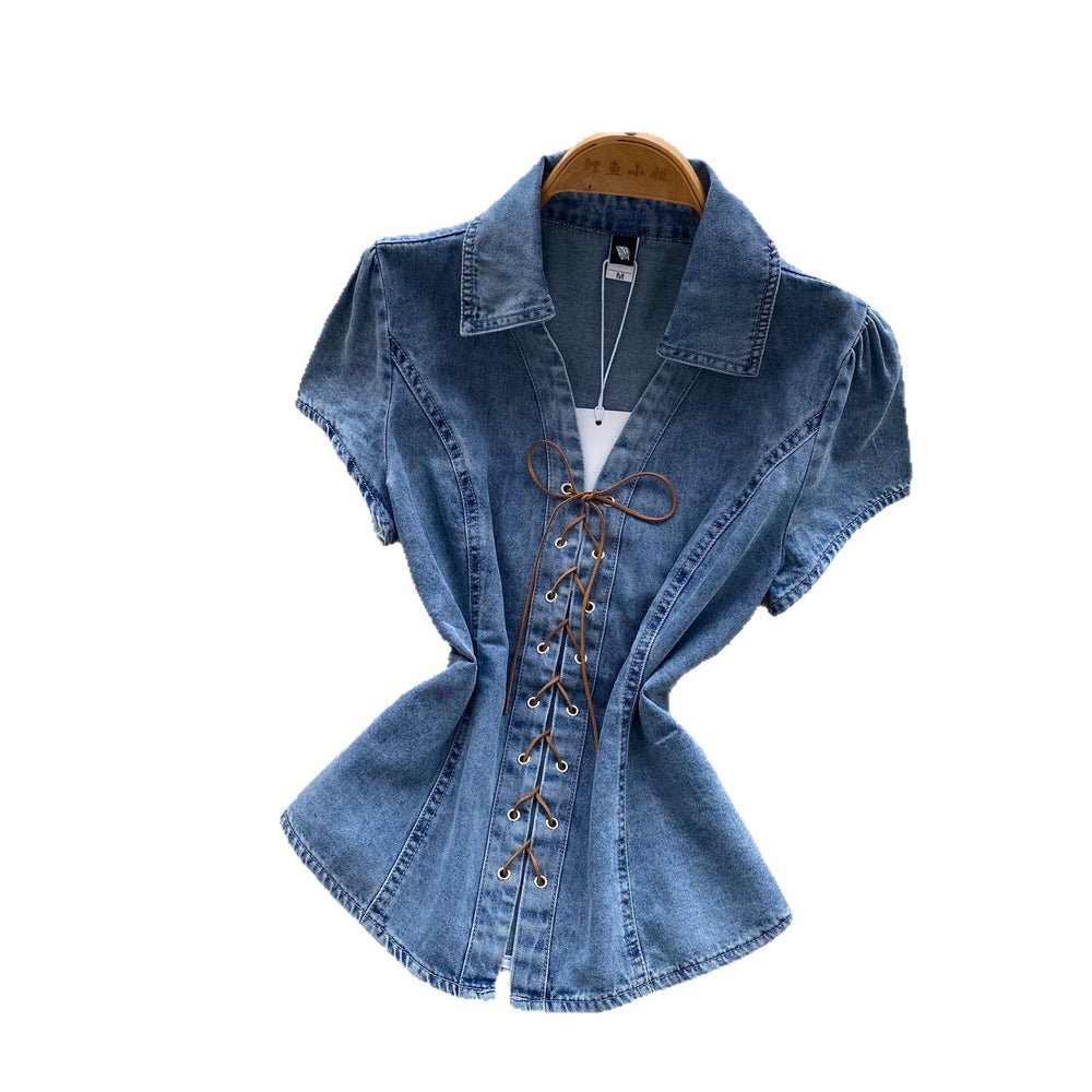 Commuting style v neckcomfortable breathable strappy denim shirt women's summer waist slimming looksense of design short-sleeved tops