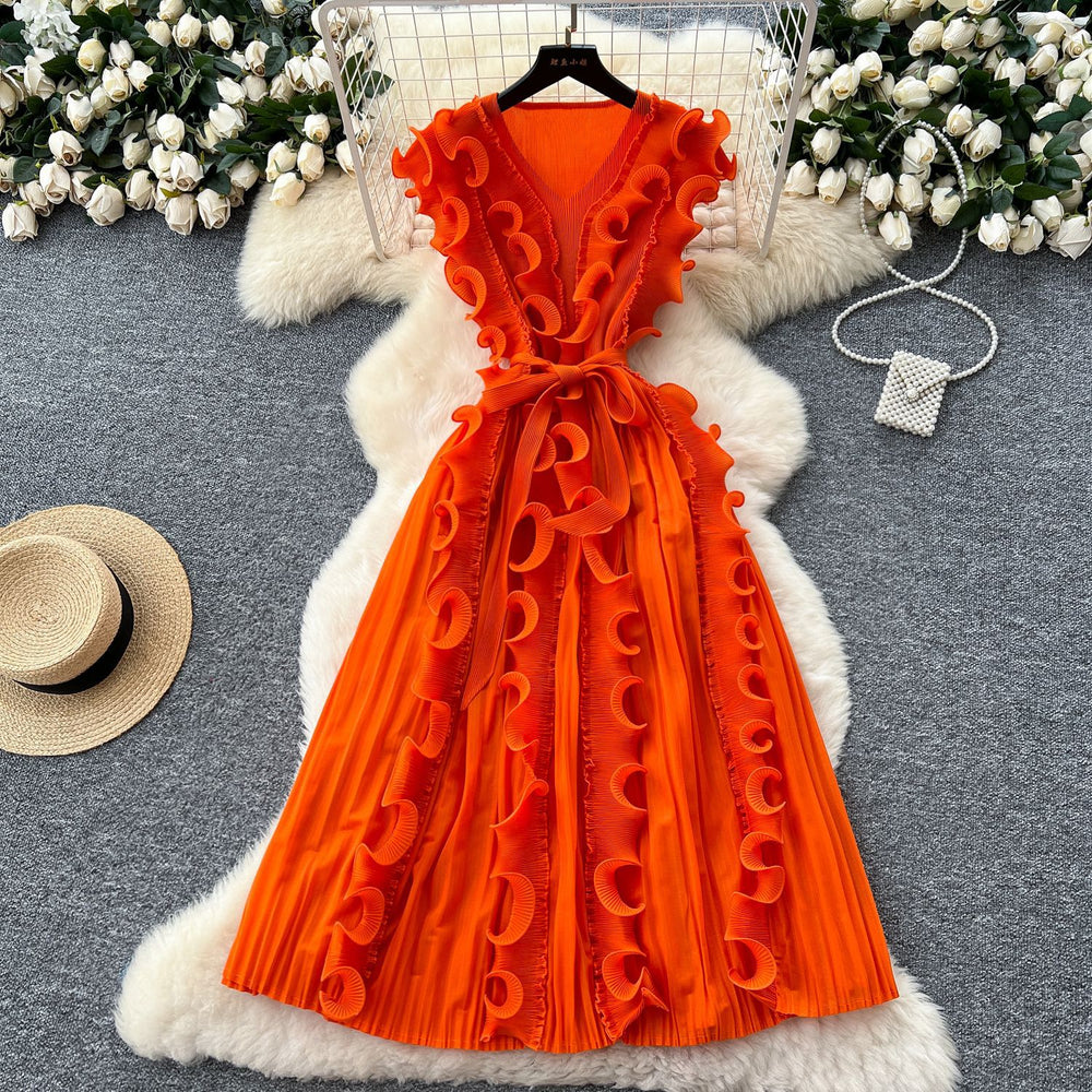 Miya pleated dress women's  summer european and american fashion 3d lace tie waist sleeveless pleated maxi dress