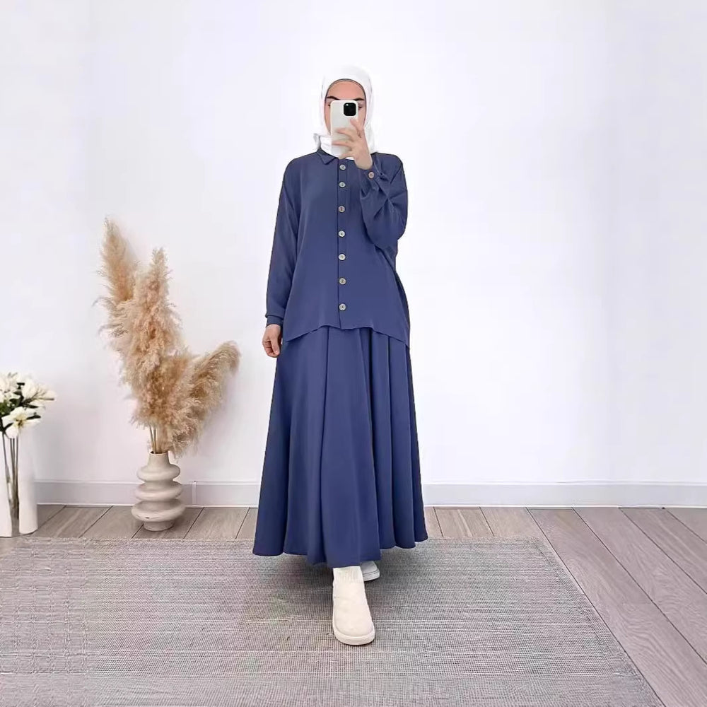spring cross-border women's clothing set: relaxed fit long sleeve shirt and midi skirt - comfortable commute style