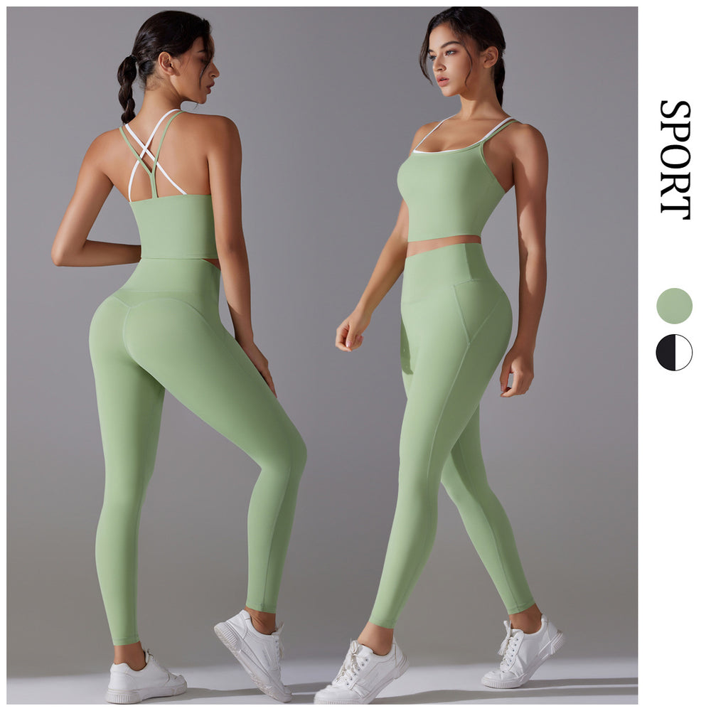 new arrival cross-back sports bra yoga suit high waist nude pants running fitness two-piece set