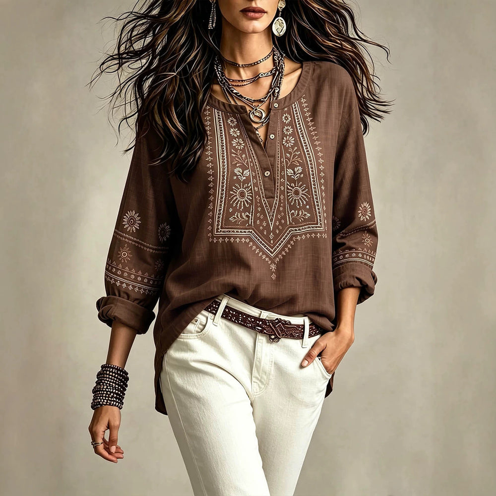 Plus size vintage ethnic style shirt - half button, printed, long sleeve, loose fit, flattering, versatile women's casual top