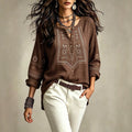 Plus size vintage ethnic style shirt - half button, printed, long sleeve, loose fit, flattering, versatile women's casual top