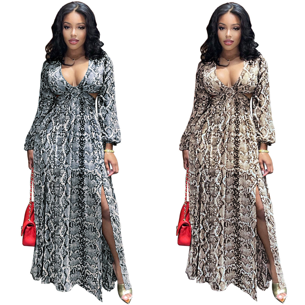 autumn new arrivals: european and american style fashionable sexy hollow-out flowy beach dress with python print slit maxi skirt