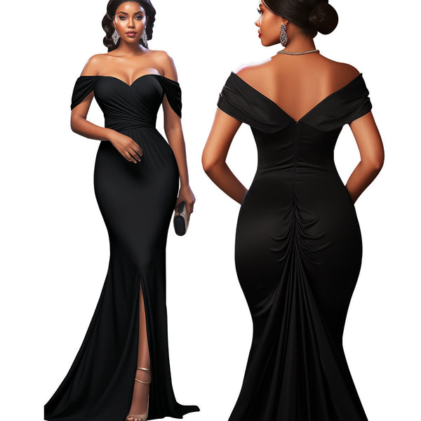 wish evening dress women's V-neck tube top dress fashionable sexy halter high split long dress autumn