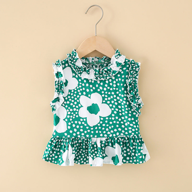 Girls' cotton rayon top - cartoon print, loose-fit, breathable, cute summer lightweight pajama set with lace trim