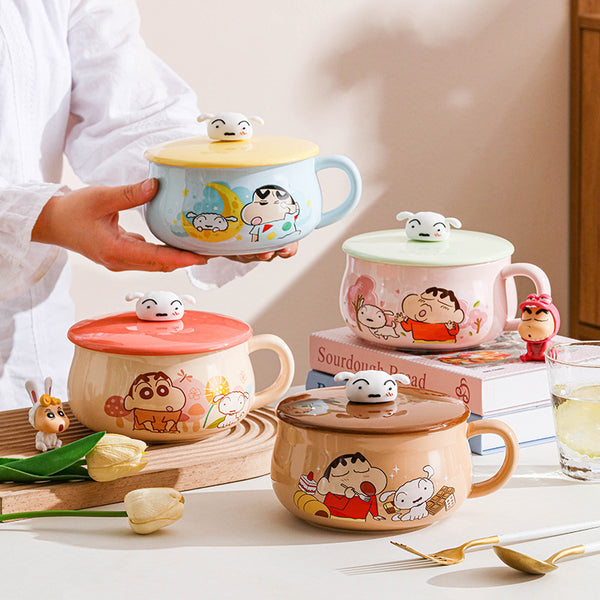 Crayon Xiaoxin Instant Noodles Bowl Cartoon Ceramic Bowl with Lid and Handle Large Capacity Big Belly Bowl High Value Ceramic Tableware